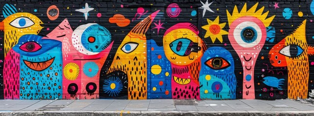 street art, mural, vibrant colors, geometric patterns, floral design, urban wall, colorful mural, graffiti, abstract art, outdoor artwork, public space, contemporary, bold design, wall painting, artis