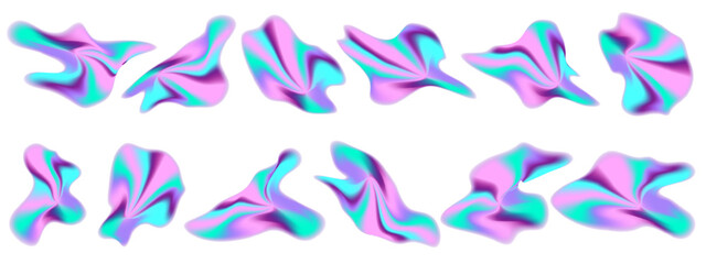 Aura neon y2k gradient abstract shape set. Blur y2k fluid irregular organic element. Blur gradient neon mesh. Vector illustration