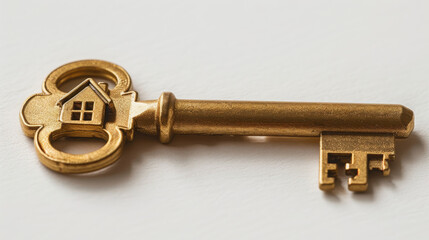 Golden House-Shaped Keychain on White Background for Property Concept