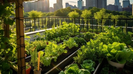 A green vegetable garden with vegetables and herbs on the roof in the City on a sunny Summer day. Harvest, Agriculture, Communal Farming concepts. Horizontal photo.