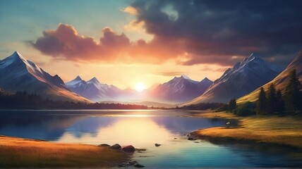 Beautiful nature landscape with mountains and lake