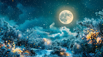 Moonlit Night, Snow-Covered Trees and Starry Sky, Winter Wonderland, Natures Silent Beauty