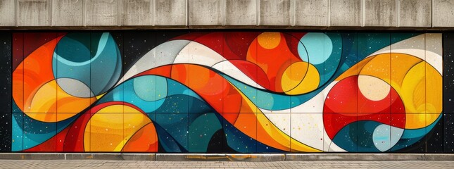 A captivating abstract mural with interlocking circles and bold color contrasts on an outdoor wall.