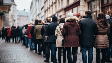 Group of people standing in a line on the street 