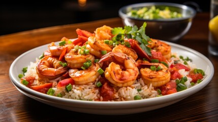 A plate of shrimp and rice featuring Cajun Jambalaya