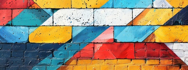 Abstract geometric mural with textured bricks painted in a vibrant spectrum of colors.