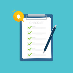 Checklist. Check list document, paper check list and to do list with green checkboxes, concept of survey, online quiz, completed things or done test, feedback.	