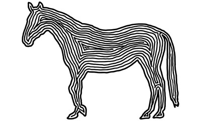 A series of animals in hand drawn fingerprint style. A horse in black outline on transparent background. Drawing of animal for coloring book, logo or background design.