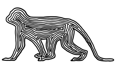 A series of animals in hand drawn fingerprint style. A monkey in black outline on transparent background. Drawing of animal for coloring book, logo or background design.
