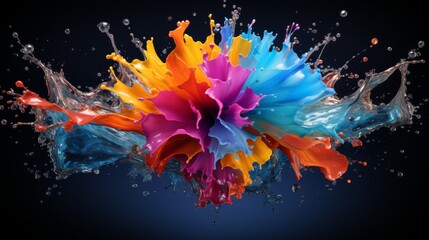 Spectrum of water splashes creating a colorful fan in the air, vibrant and lively