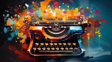 Vintage typewriter with colorful paint splashes, blending old and new art forms