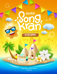 Songkran festival thailand, Thai flowers with child playing water splashing, sun smile, sand pagoda, colorful flag, poster design on sandy beach on the island yellow background, EPS 10 vector
