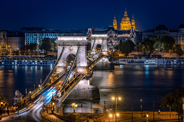 Budapest, Hungary - Historical Szechenyi Chain Bridge illuminated at night
