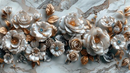 Fototapeta na wymiar Elegant Golden Floral Embellishments on Marble Surface.