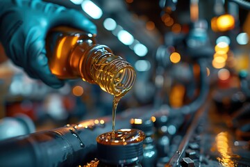 Efficient Oil Change. With precision and confidence, the mechanic performs an oil change, ensuring that the process is carried out swiftly and that the vehicle's engine will continue running smoothly - obrazy, fototapety, plakaty