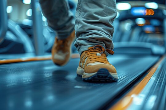 A man's oversized sweatpants become caught in the treadmill's moving belt, causing him to trip and stumble as he desperately tries to free himself.