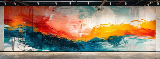 Expansive abstract mural with bold brush strokes and a fiery palette, installed in an industrial space.