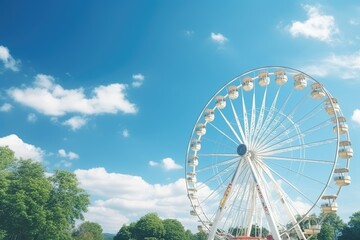 Fototapeta premium Colorful Ferris wheel of the amusement park, Ferris wheel in the park, Ferris wheel on blue sky background in the park, Ai generated