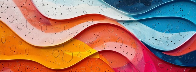 Contemporary mural with a wavy texture and a playful water droplet motif over a multicolored gradient.