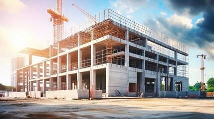 Modern concrete and steel building construction site 