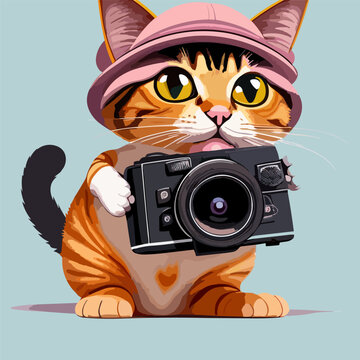 meow slogan with cartoon cute cat holding camera illustration.