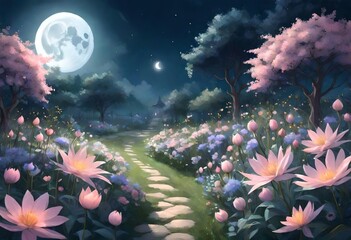 Fototapeta na wymiar An ethereal moon garden scene, featuring night-blooming flowers under a full moon. Digital art