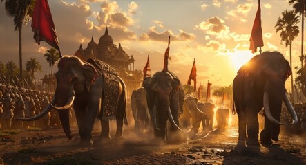 A group of elephants being guided by their handlers to form a defensive barrier around their army.