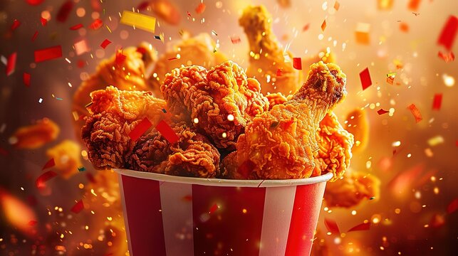 Fried chicken bucket image with podium red background ai generated