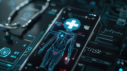 Fototapeta premium Medical first aid application technology, screen demonstrates body and heart rate on digital screen, Ai generated for ads