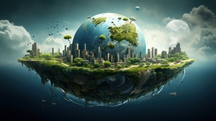 Illustration of saving the earth from global warming, with a background of tall buildings, roads and cloudy blue skies. - obrazy, fototapety, plakaty