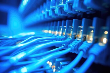 Connection of optical fiber cable technology background, Fiber Optic cables connected to an optic ports in data center, close up of network cables connected to an internet hub, Ai generated