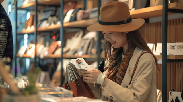 Trendy woman making a purchase at a high-end fashion counter, enjoying a luxury shopping experience.