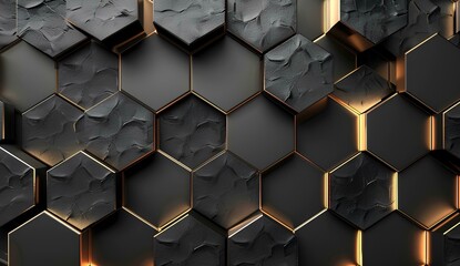 Luxury abstract geometric background made of black and gold hexagons or honeycomb with glowing for Wallpaper, Banner, Background, Card, Book Illustration, landing page
