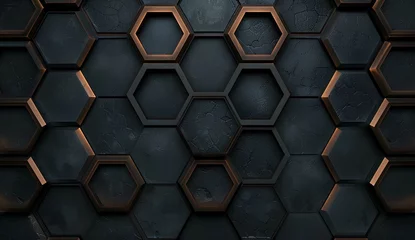 Fotobehang Luxury abstract geometric background made of black and gold hexagons or honeycomb with glowing for Wallpaper, Banner, Background, Card, Book Illustration, landing page © Aleena
