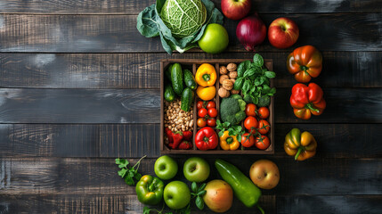 The concept of healthy food. Fresh vegetables, nuts and fruits in a wooden box. On a wooden...