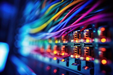 Fiber Optic cables connected to optic ports in the data center, close-up of network cables connected to an internet hub, Connection of optical fiber cable technology background, Ai generated