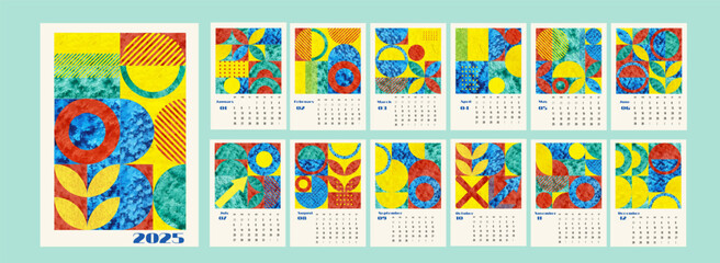 Calendar design 2025 - Abstract Geometric Shape Style. Vector Color Art Design. Week stars Sunday - obrazy, fototapety, plakaty