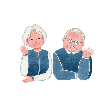 人物 シニア 老夫婦　手を振る　水彩 イラスト