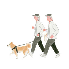 人物 シニア 老夫婦　ウォーキング 散歩　柴犬　水彩 イラスト