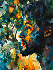 A painting of a person under an apple tree in electric blue hues