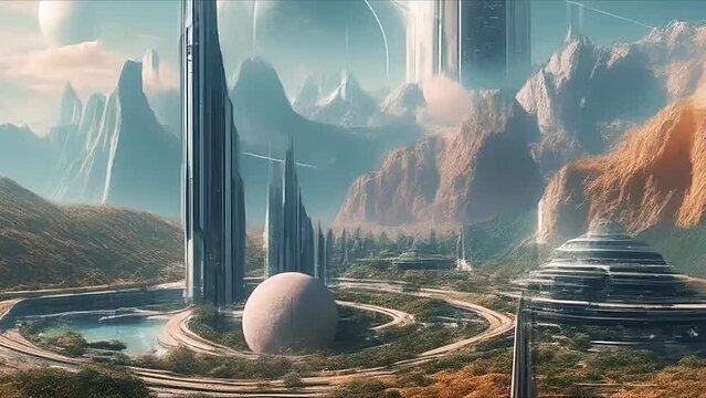 Animation of a city of the future on another planet among sands and mountains. View of the city of aliens