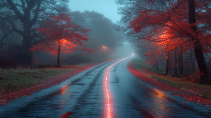 An empty illuminated country asphalt road through the trees and village in a fog on a rainy autumn day, street lanterns close-up, red light. Road trip, transportation, communications, driving.