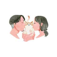 人物 家族 夫婦 カップル　猫　愛情　水彩 イラスト