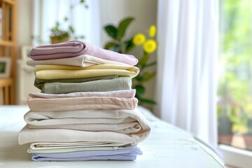 A stack of neatly folded clothes in pastel colors on a white table with a sunny window in the...