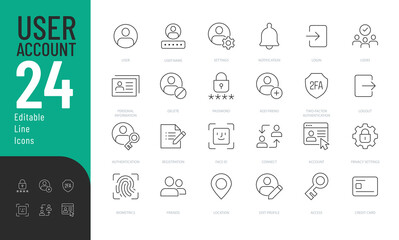 User Account Line Editable Icons set. Vector illustration in modern thin line style of personal profile related icons: password, access, avatar, user name, and more. Pictograms and infographics.