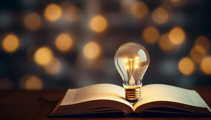A light bulb is inside a book, with a tree growing out of it - obrazy, fototapety, plakaty