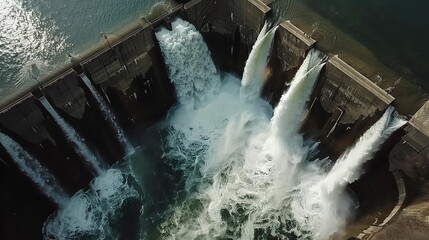 Aerial view of water spilling over a weir from generative ai high quality image