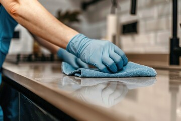 Close-up of hands in blue gloves cleaning a kitchen countertop with a microfiber cloth. Spring cleaning concept. - obrazy, fototapety, plakaty