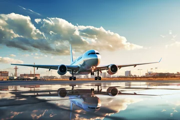Fotobehang A large passenger plane lands on the runway. Tourism and travel concept. © Anoo