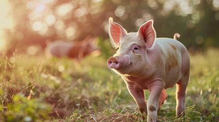 Piglet is walking in the grass in the countryside